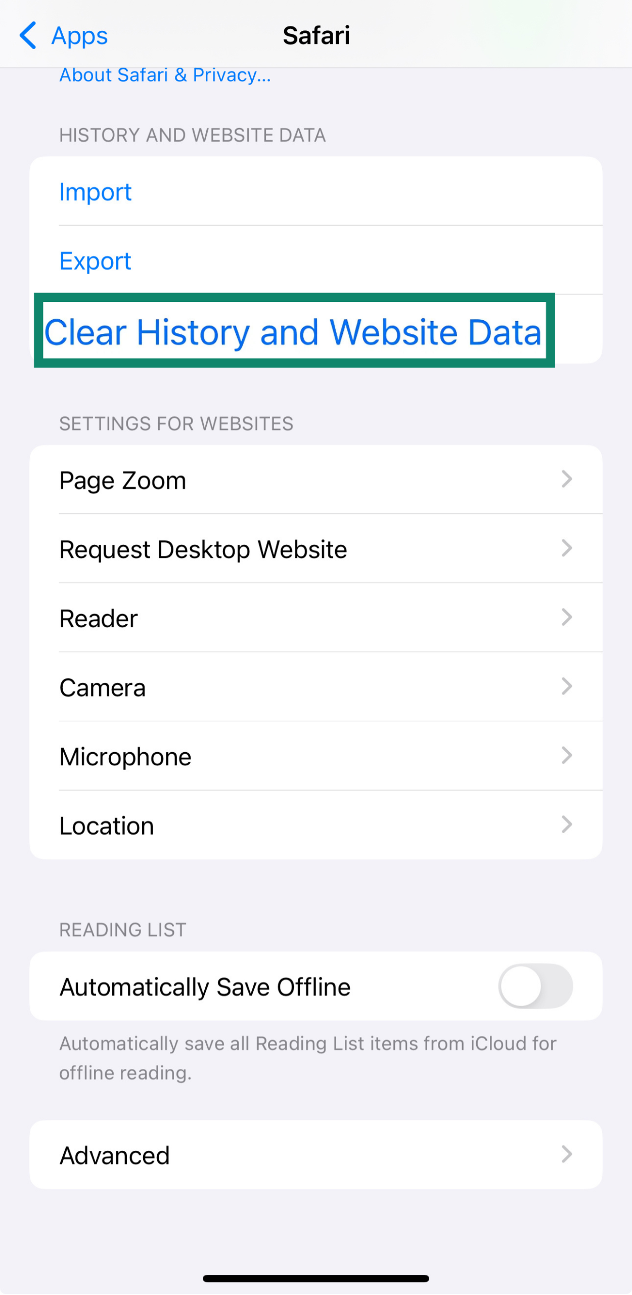 An iPhone's Clear History and Website Data option.
