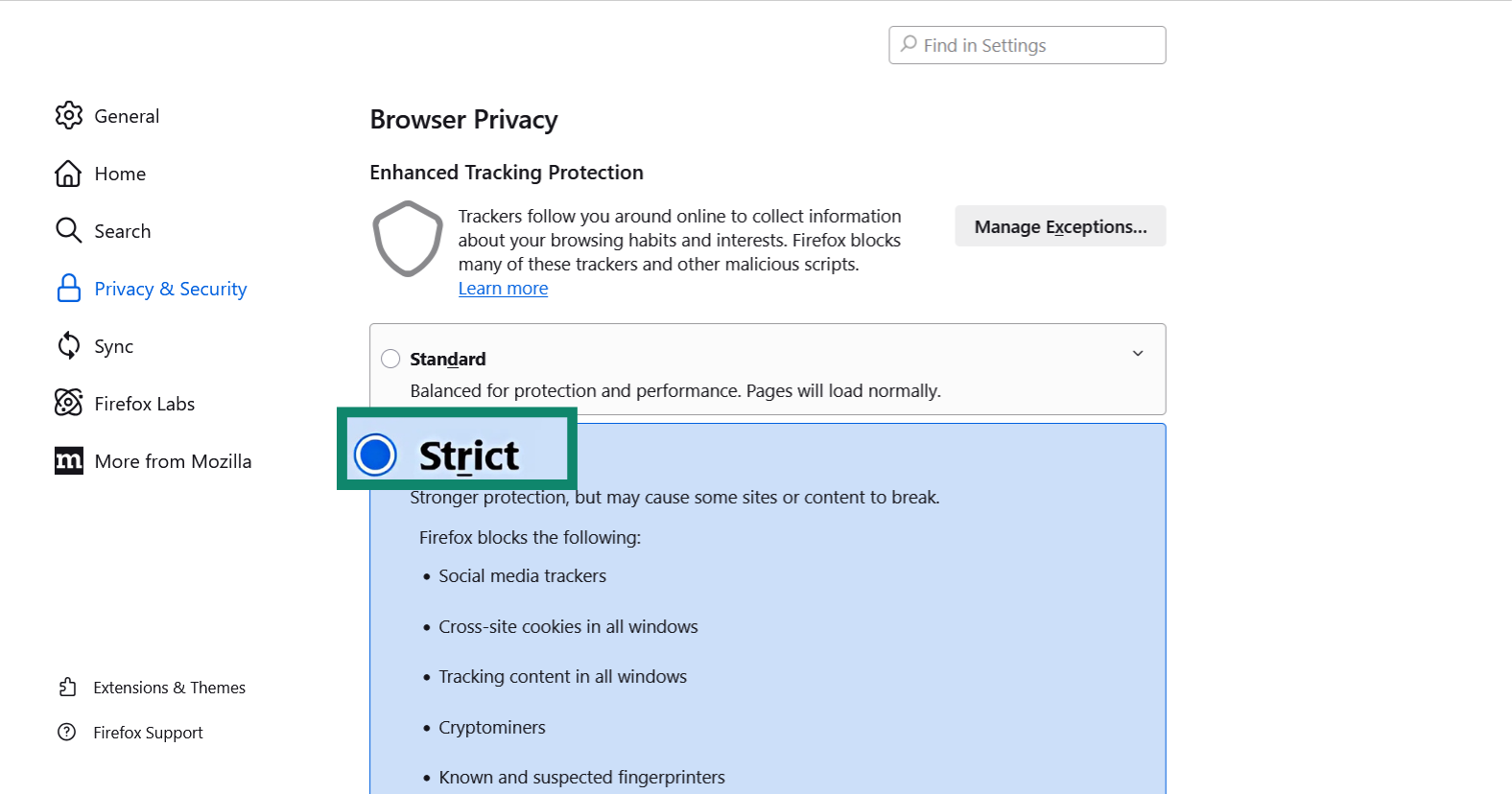 Firefox Enhanced Tracking Protection set to Strict.