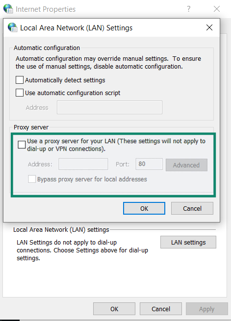 The Windows Internet Properties window is opened to LAN settings, with the proxy server field info highlighted.