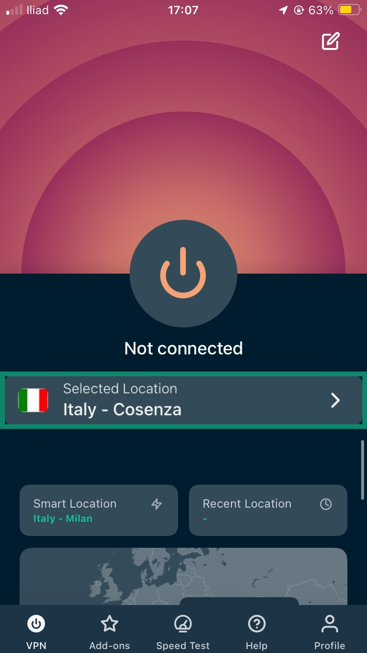 ExpressVPN app's main menu.