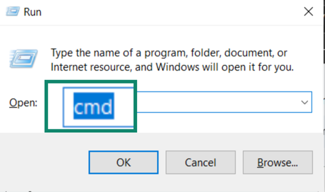 Windows Run box with "cmd" typed in
