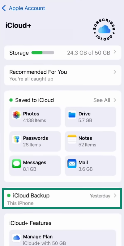 The iCloud menu of an iPhone, showing the iCloud Backup option.