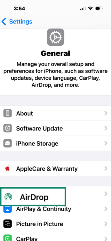 iPhone General settings menu with AirDrop highlighted.