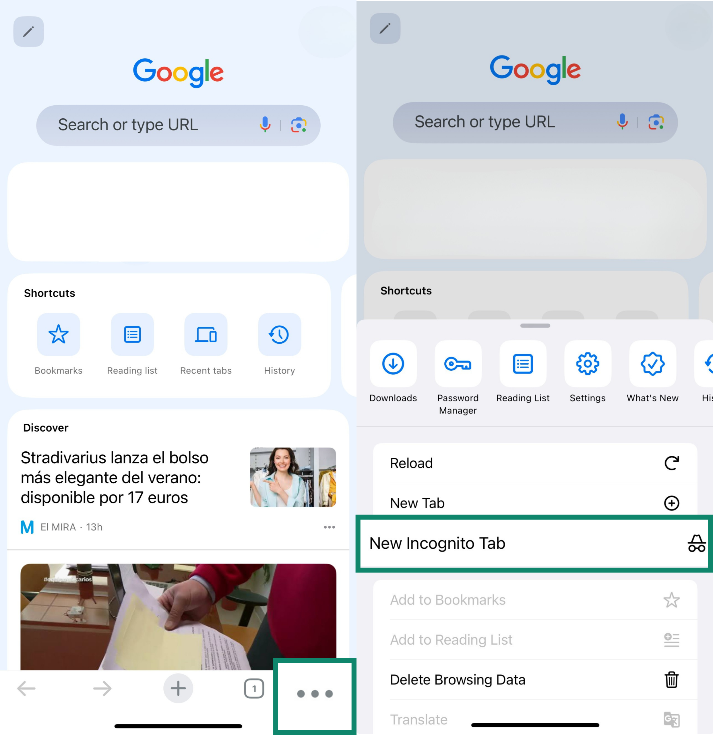 Two side-by-side screenshots of the Chrome app on iPhone. The left screenshot highlights the three-dot menu icon in the bottom-right corner. The right screenshot shows the menu open with 