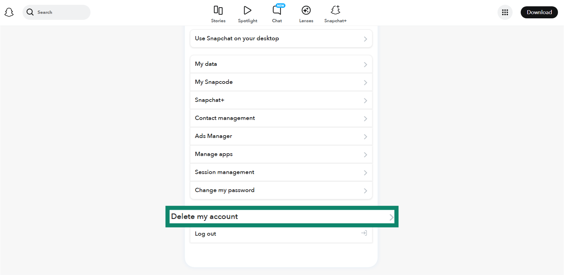 The Account Settings page of Snapchat, showing the Delete my account option.