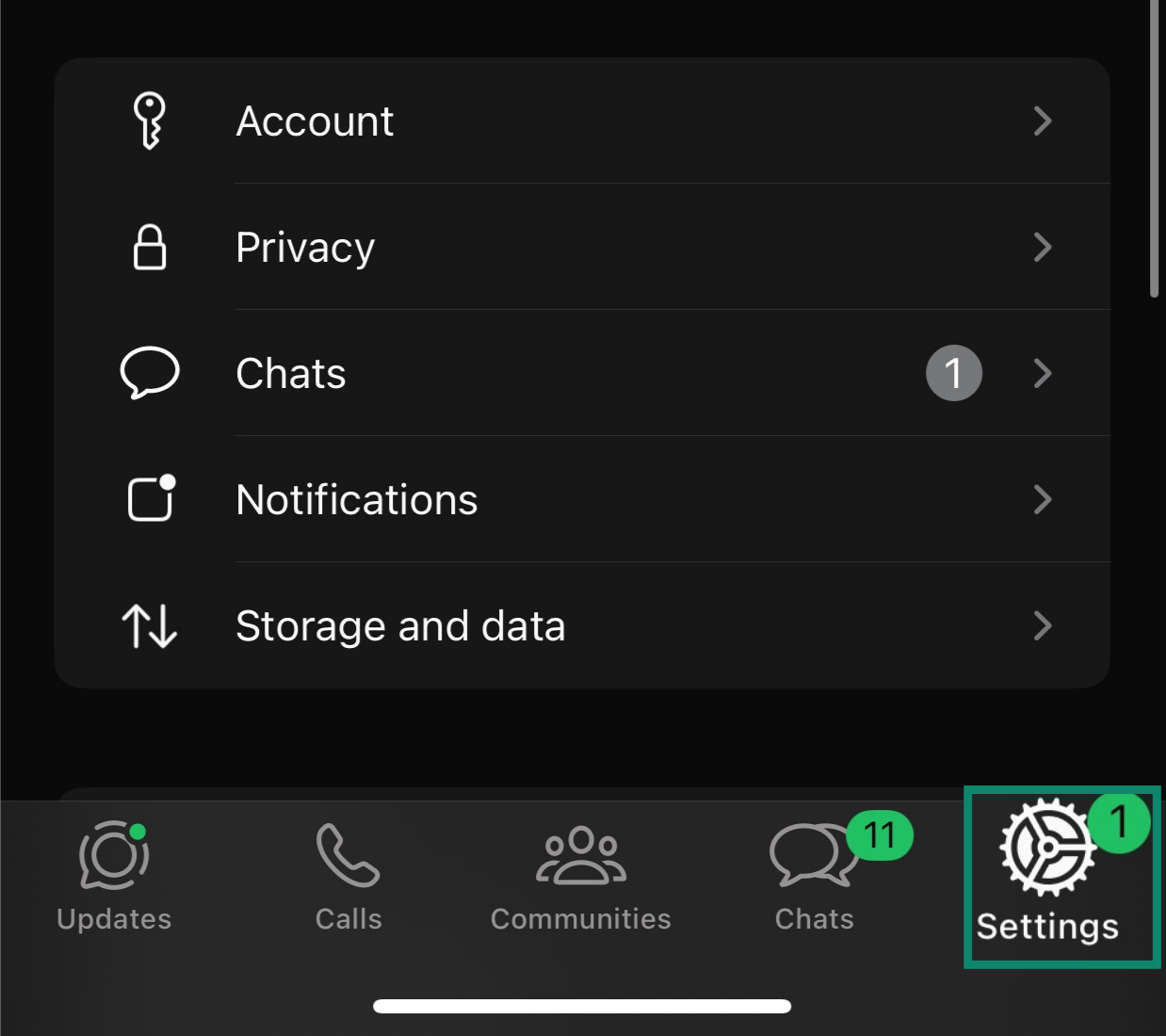 Closeup of WhatsApp page with Settings highlighted.