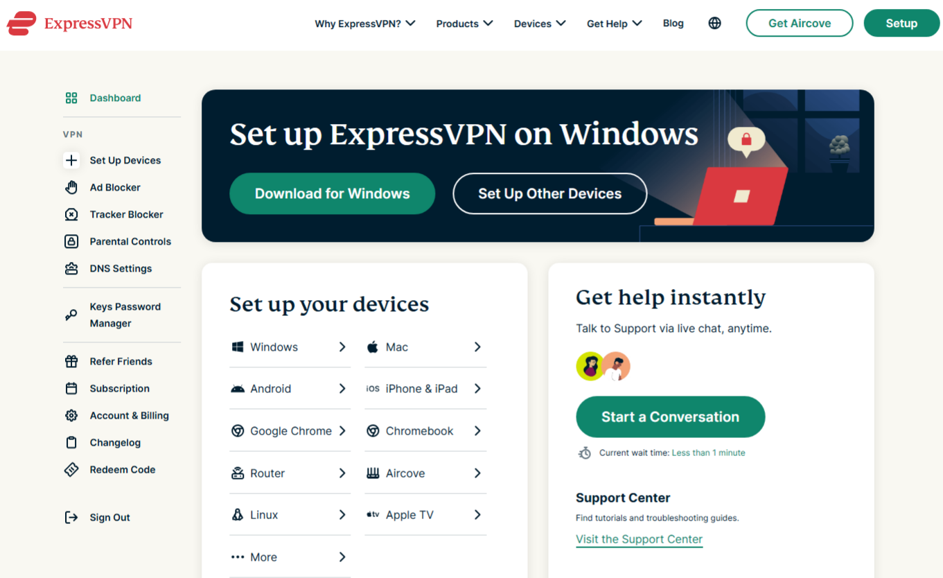 ExpressVPN account dashboard with a highlighted button to download the Windows VPN client.