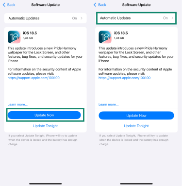 iPhone Software Update screen showing iOS 18.5 with Update Now option.