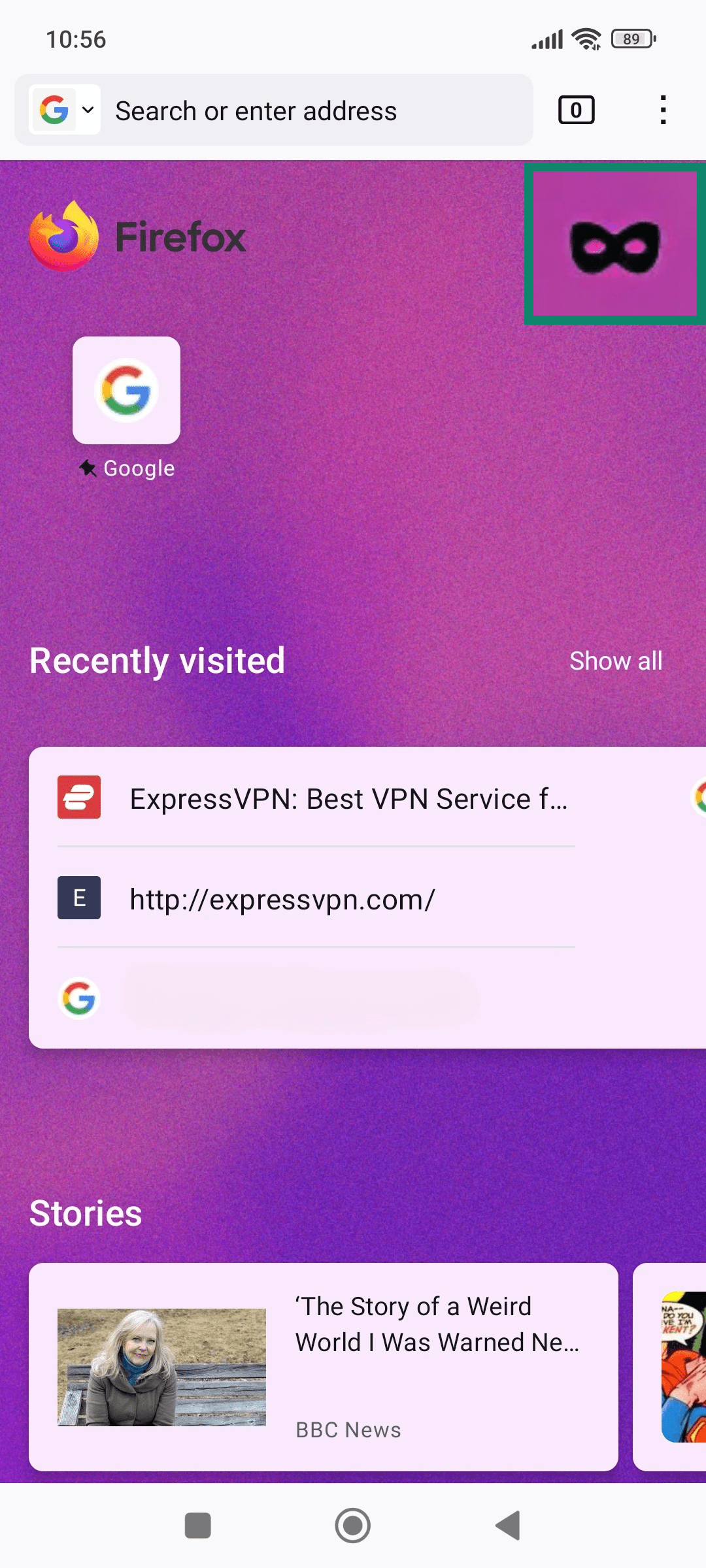 Screenshot of the Firefox app on Android highlighting the mask icon, which opens a private browsing tab.