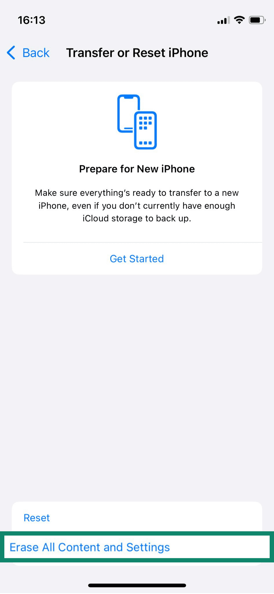 iPhone Transfer or Reset iPhone screen with the Erase All Content and Settings option highlighted.