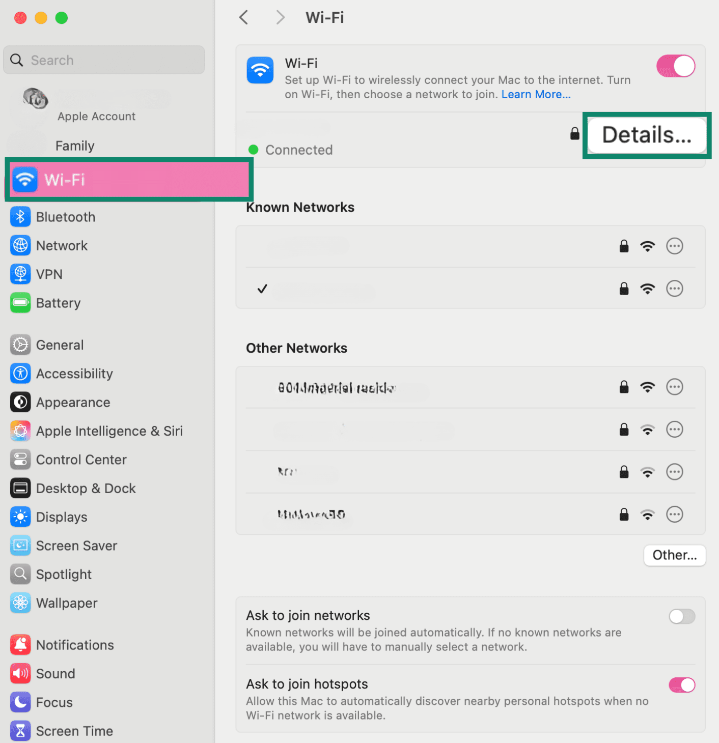 Mac Wi Fi settings screen showing connected network and Details button.