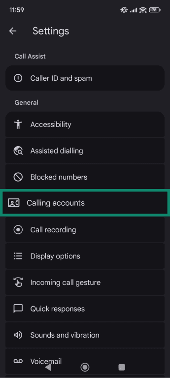 Phone app's general settings screen.