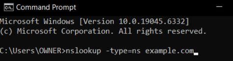 A Windows command prompt terminal showing the command to check a domain's nameservers.