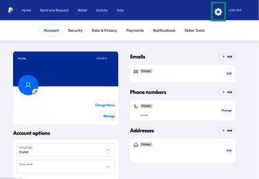 PayPal account settings page on desktop, with the gear icon for Settings highlighted in the top right corner.