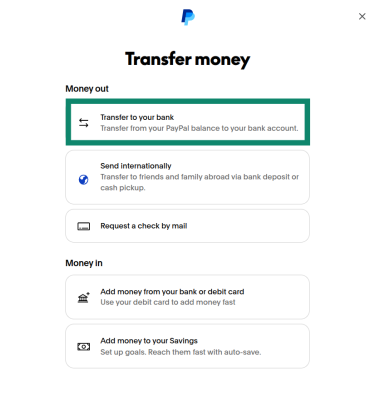 PayPal's transfer screen, with the "Transfer to your bank" option highlighted.