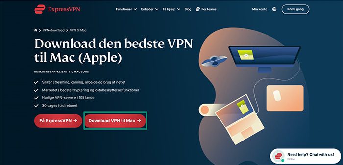 ExpressVPN download page for the Mac app, with a highlighted "Download Mac VPN" button.