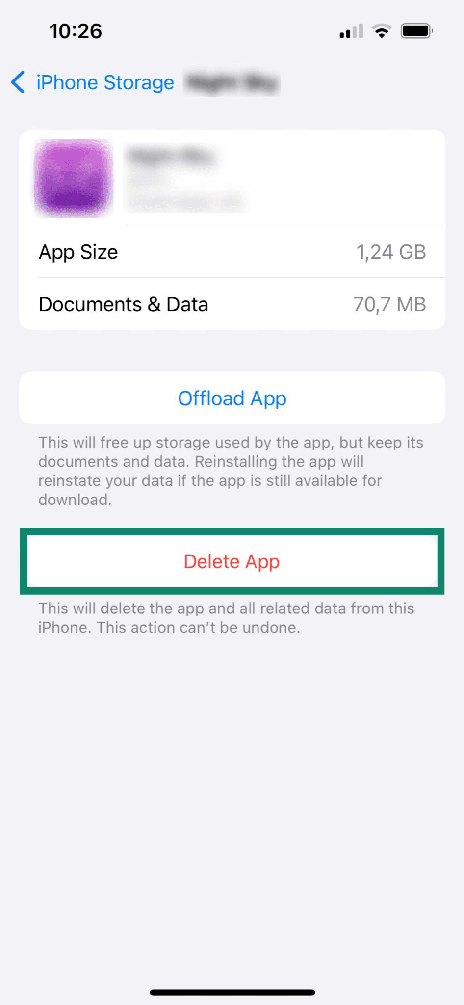 iPhone app settings showing how to delete an app