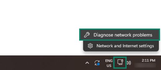 Windows taskbar with the network icon highlighted and the right-click menu for it open with Diagnose network problems highlighted