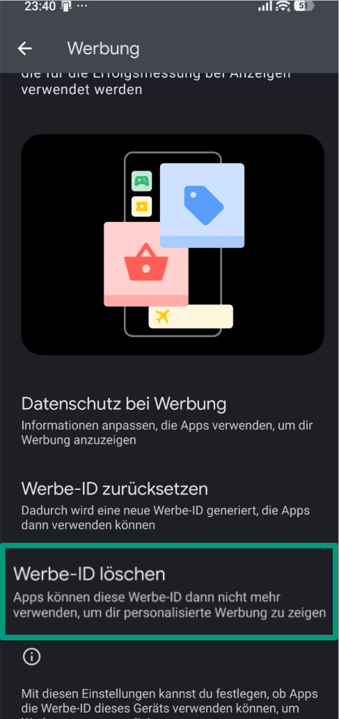 A screenshot of the Ads settings in the Android Settings app, showing the option to Delete advertising ID.