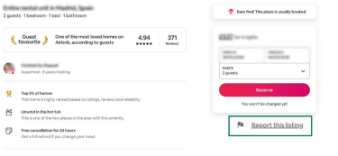 Airbnb listing page showing how to report this listing.