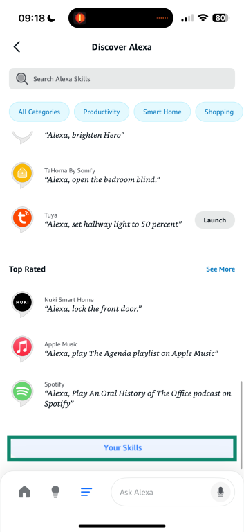 Discover Alexa screen with the Your Skills button.