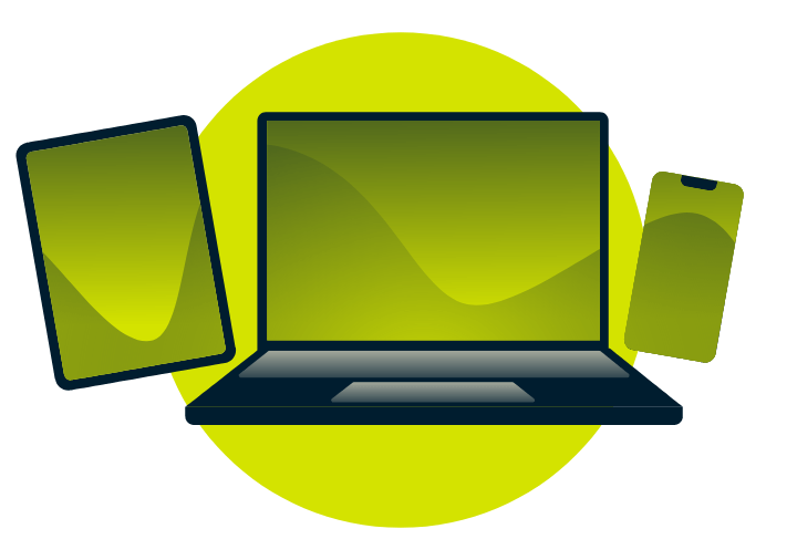 Laptop, tablet i telefon z kieliszkiem wina i różą.