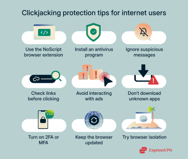 An infographic showing nine ways internet users can protect themselves against clickjacking