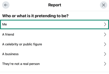 Facebook's "Who or what is it pretending to be" window, with the option "Me" highlighted.