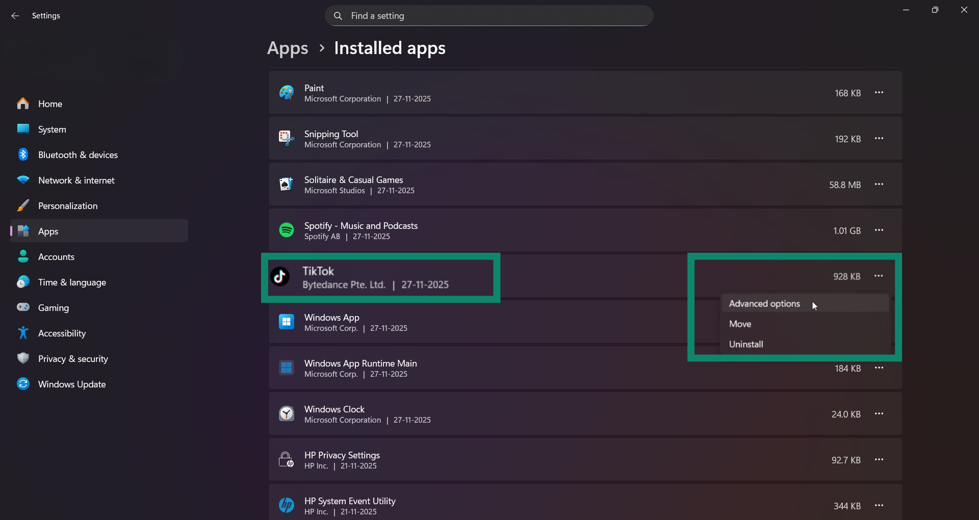 Windows 11 Installed apps list with TikTok selected and the three-dot menu open to show Advanced options.