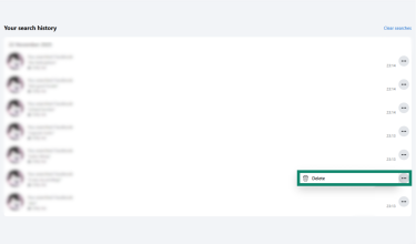 The search history displayed in the Facebook activity log. The "Delete" option for one search entry is highlighted.