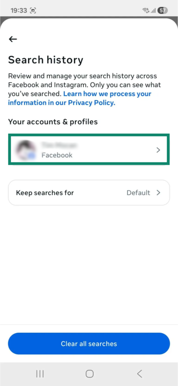 The "Search history" window in the "Accounts Center" menu on the Android Facebook app. A Facebook account is highlighted.