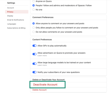 Deactivating a Quora account.