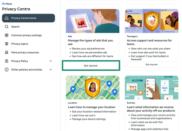 A screenshot of the Facebook Privacy Center, showing the option to access the ad preferences page.