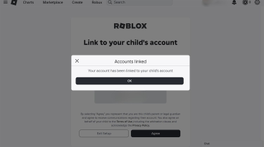 A Roblox confirmation pop-up stating “Accounts linked” after a parent links to a child’s account.