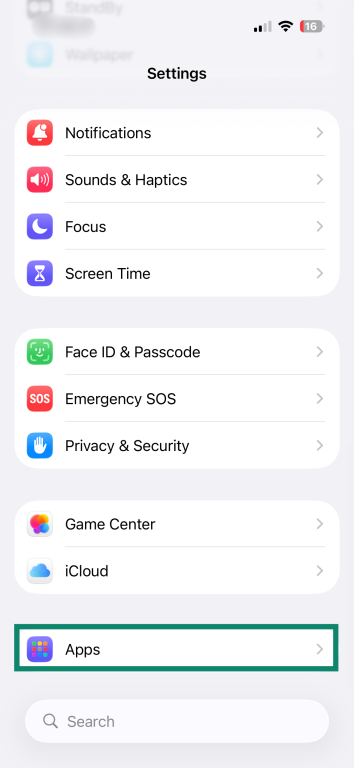 The "Settings" app on an iPhone. The "Apps" option is enlarged and highlighted.