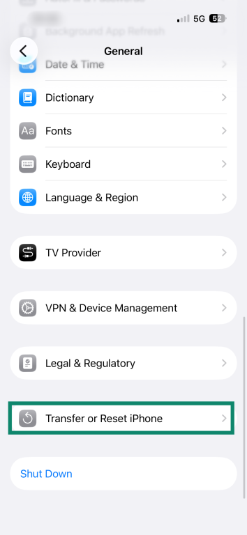 The "General" menu on an iPhone. The "Transfer or Reset iPhone" option is enlarged and highlighted.