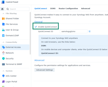 An image displaying how to enable Quick Connect for Synology to allow remote access