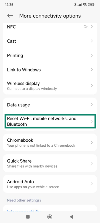 The "Reset Wi-Fi, mobile networks, and Bluetooth" option on Android.