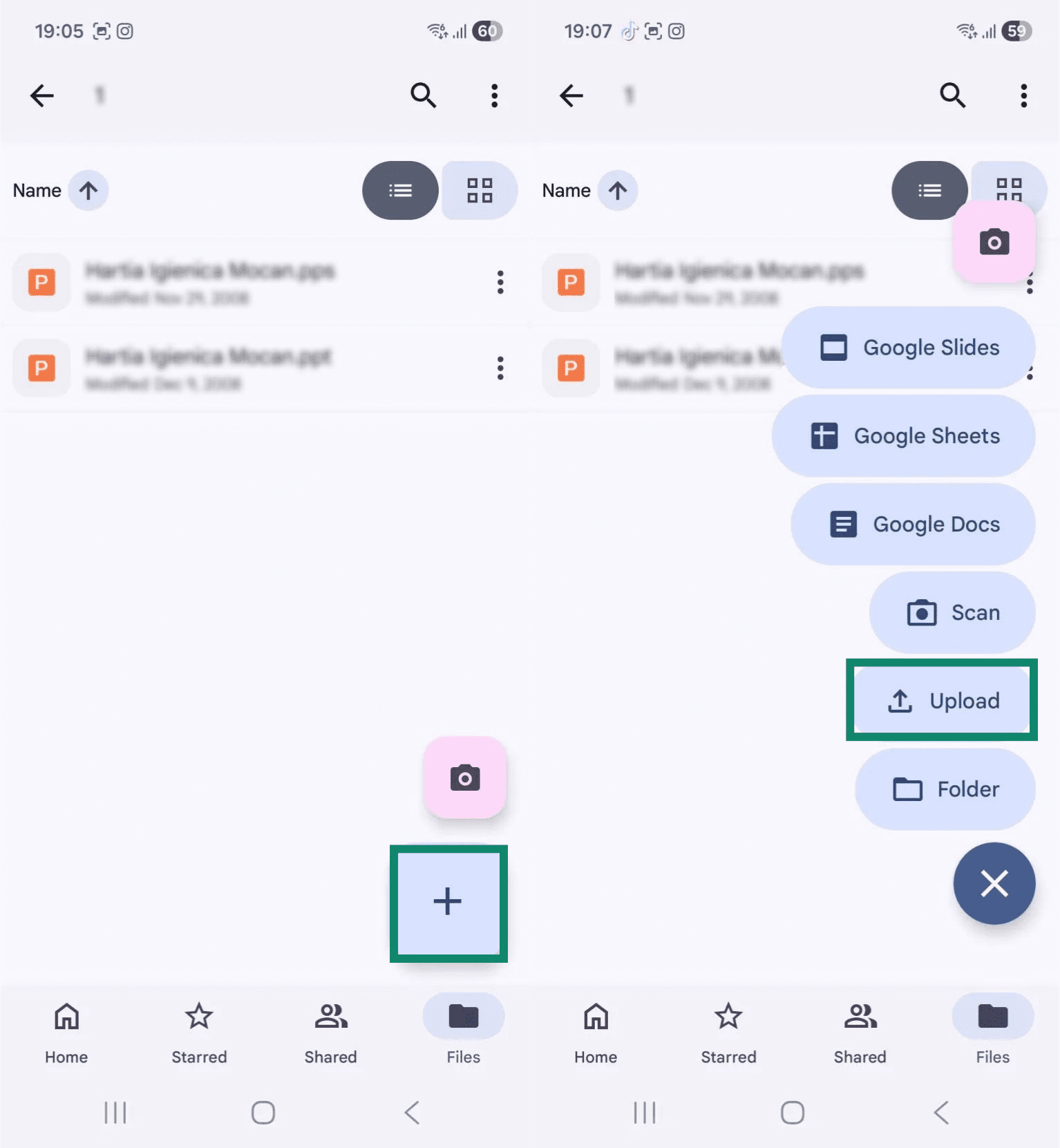 Two Android screenshots side by side. The first one shows a Google Drive folder, and the upload button is highlighted. The second image shows the file options, and the "Upload" button is highlighted.