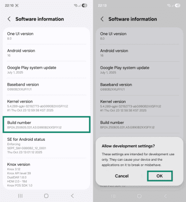 Two Android screenshots side by side. The first image shows the "Software information" page, and the "Build number" option is highlighted. The second image shows the same page with the "Allow development settings?" prompt on top of it. The "OK" button in the prompt is highlighted.