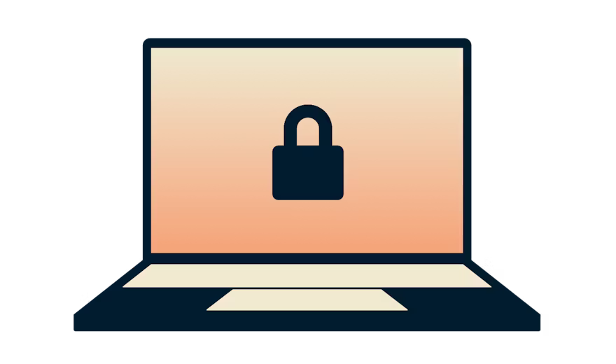 Una laptop con un candado sobre fondo naranja.