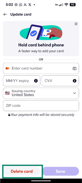 Delete card option to remove the payment method in the Lyft app.