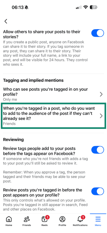 The "When you're tagged in a post, who do you want to add to the audience of the post if they can't see it" menu item highlighted on Facebook mobile.