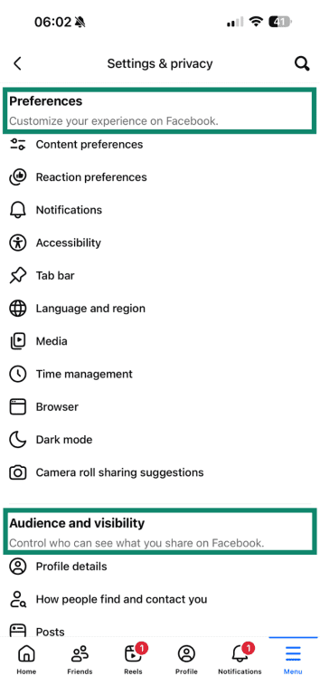 The Settings and Privacy menu in the Facebook app, with highlighted segments pointing to Preferences, as well as Audience and Visibility features.