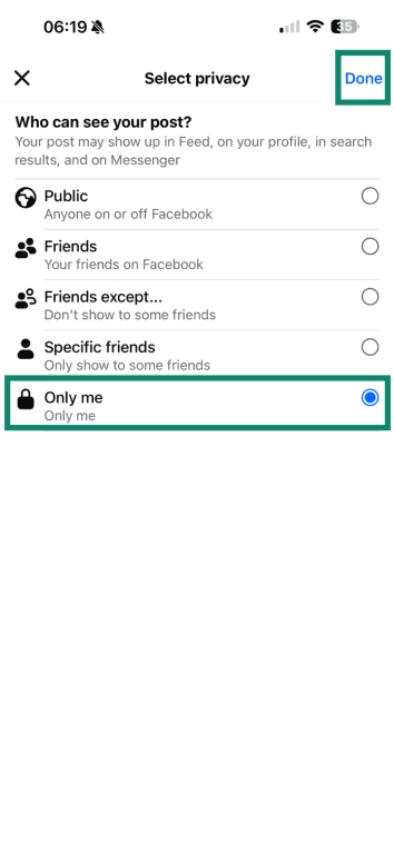 Setting the privacy of a single Facebook album on mobile.