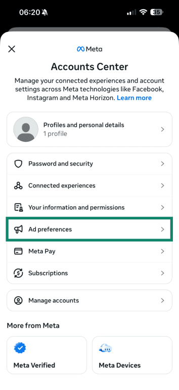 The "Ad Preferences" menu on Facebook mobile.