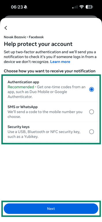 The options for two-factor authentication highlighted on Facebook mobile.