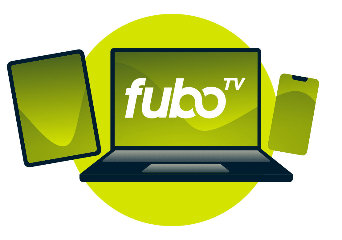 Un portátil, una tableta y un teléfono con el logotipo de fuboTV.