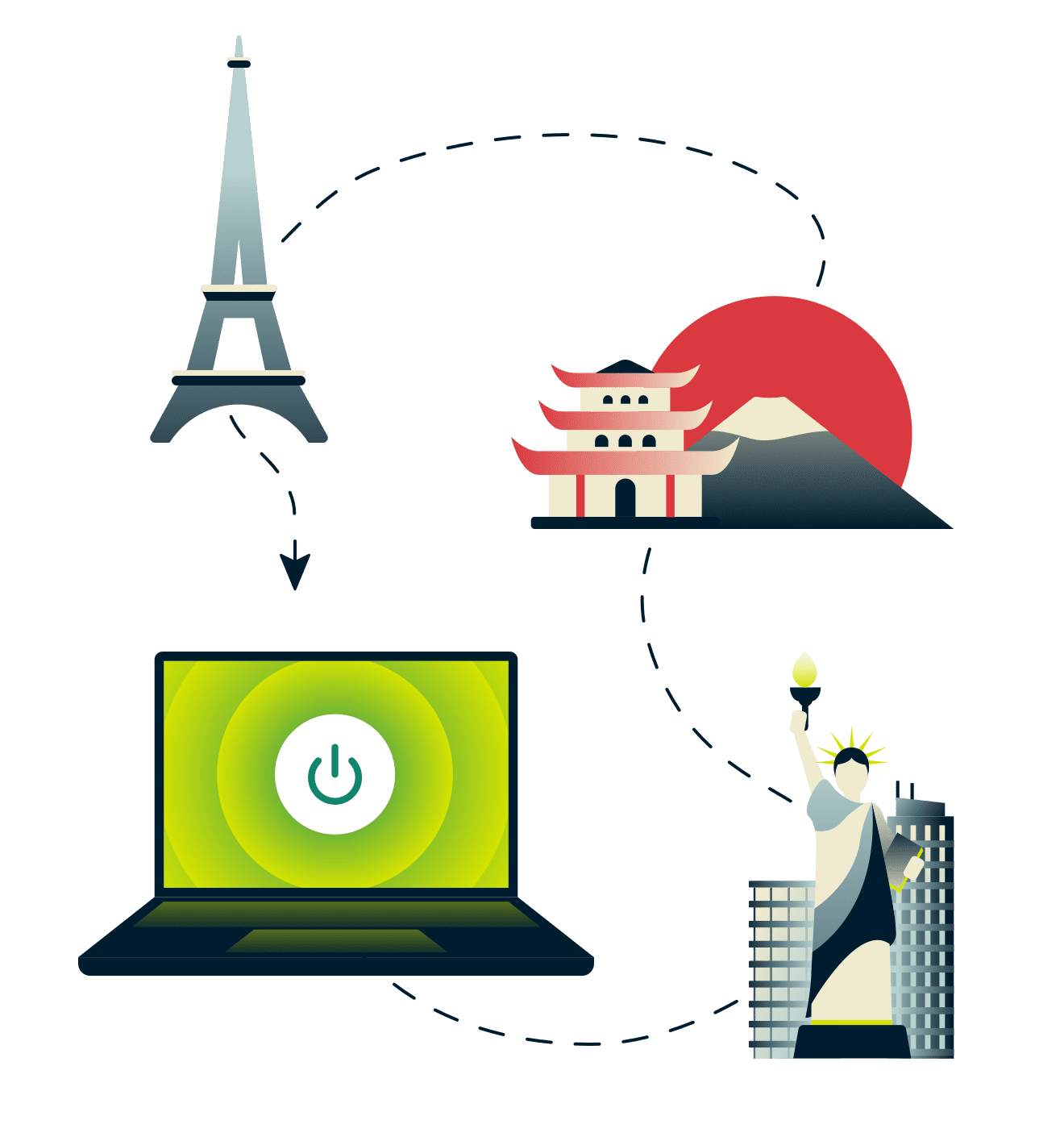 Torre Eiffel, Monte Fuji, Statua della libertà e un computer connesso alla VPN.