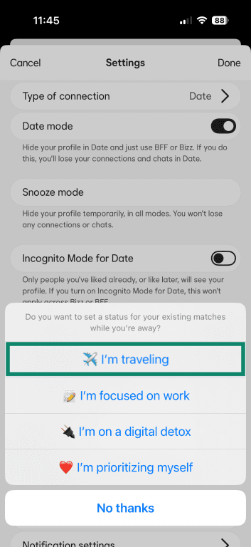 Bumble Snooze status menu showing preset status options, with I’m traveling highlighted.